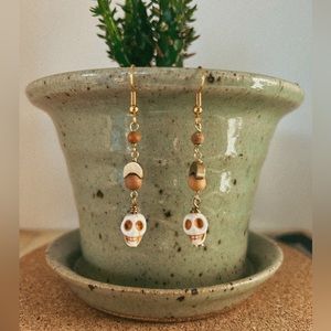 Handmade Earrings: Gold, Wood, Cream, Halloween, Skull